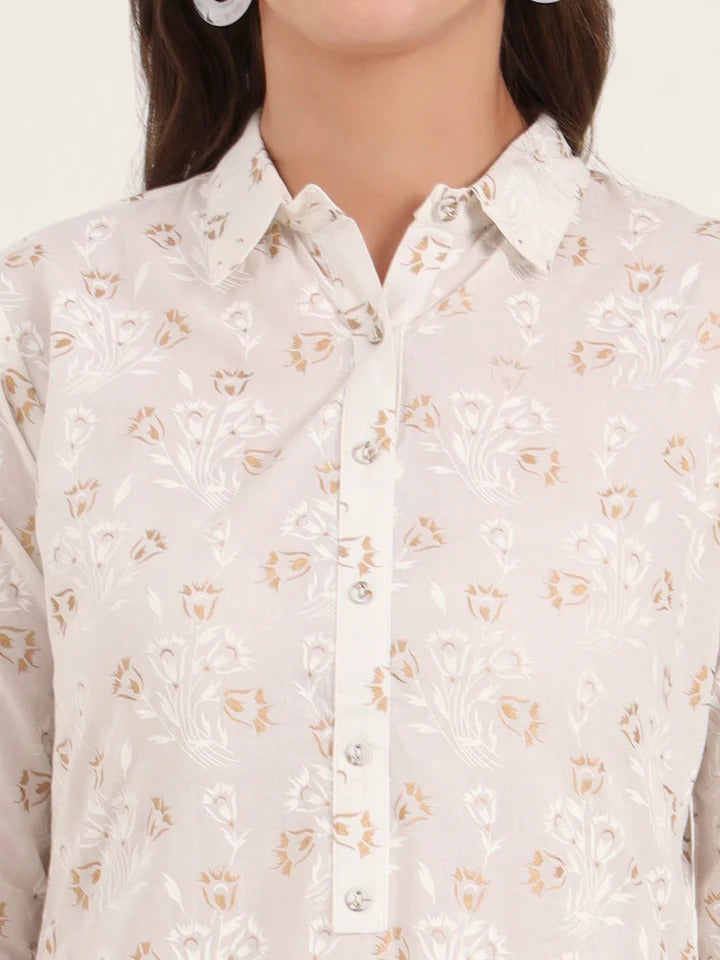 White Floral Printed Cotton Kurta Pant Sets