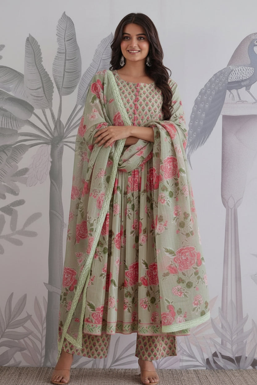 Pure Jaipuri Cotton Floral Anarkali 3-Piece Set with Handwork Yoke & Lace Dupatta