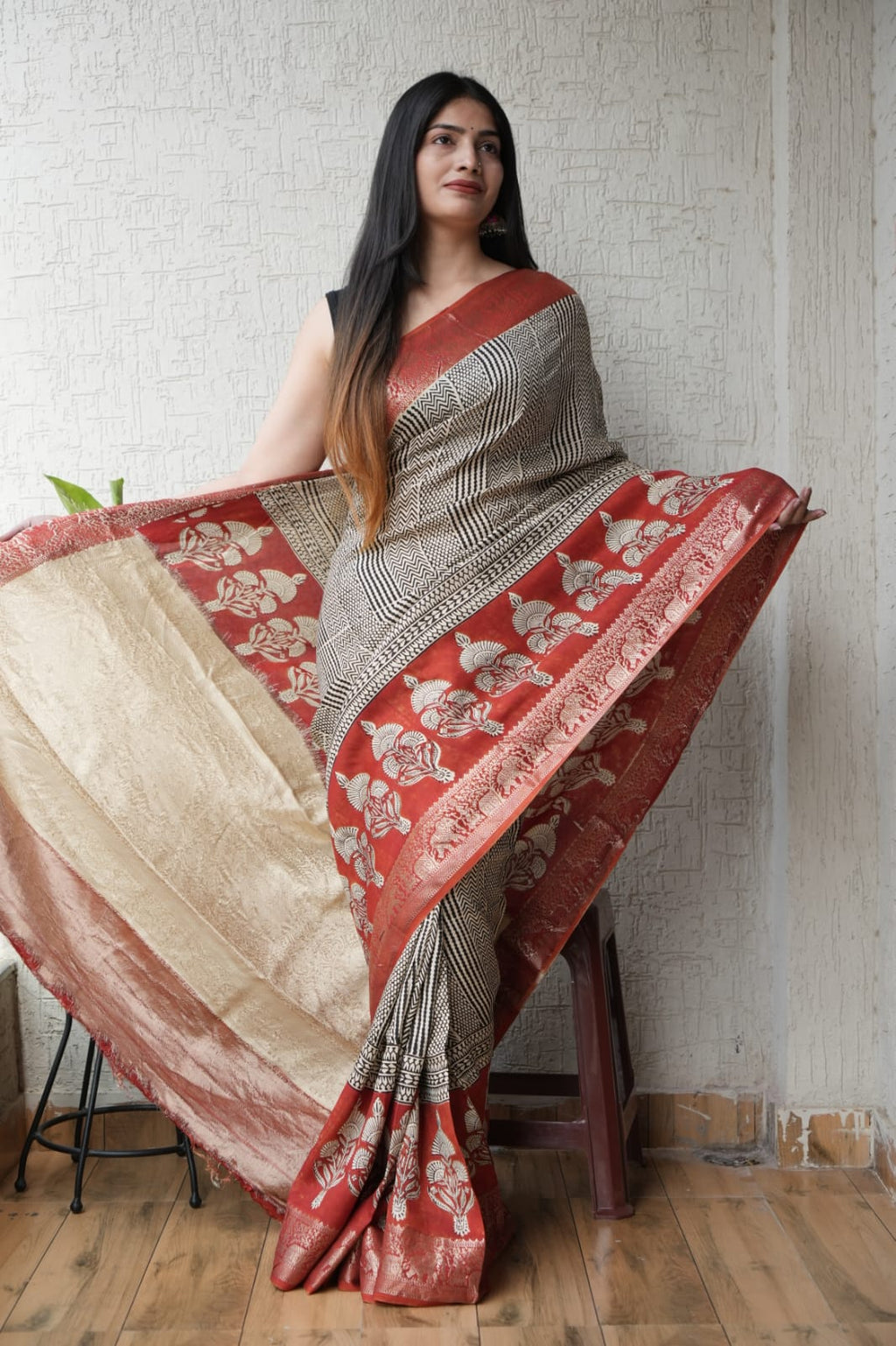 Pure Dola Silk Ajrakh Hand Block Printed Saree with Elegant Printed Blouse