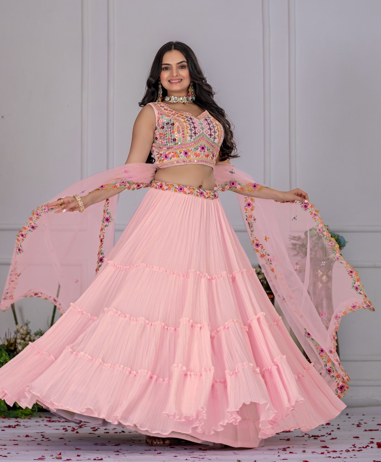 Georgette Pleated Lehenga Set with Embroidered Blouse | Festive Wear