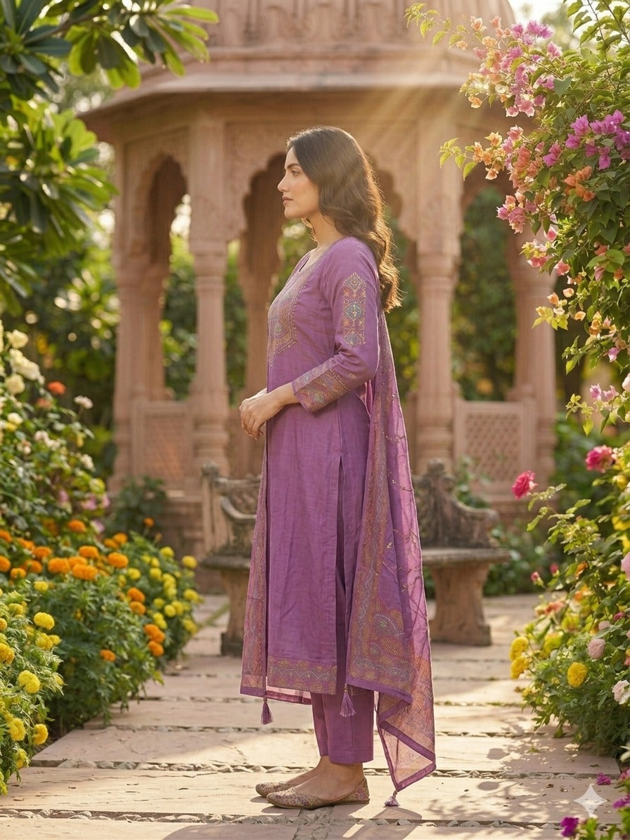 Elegant Lavender-Mauve Roman Silk Suit Set with Handwork Yoke