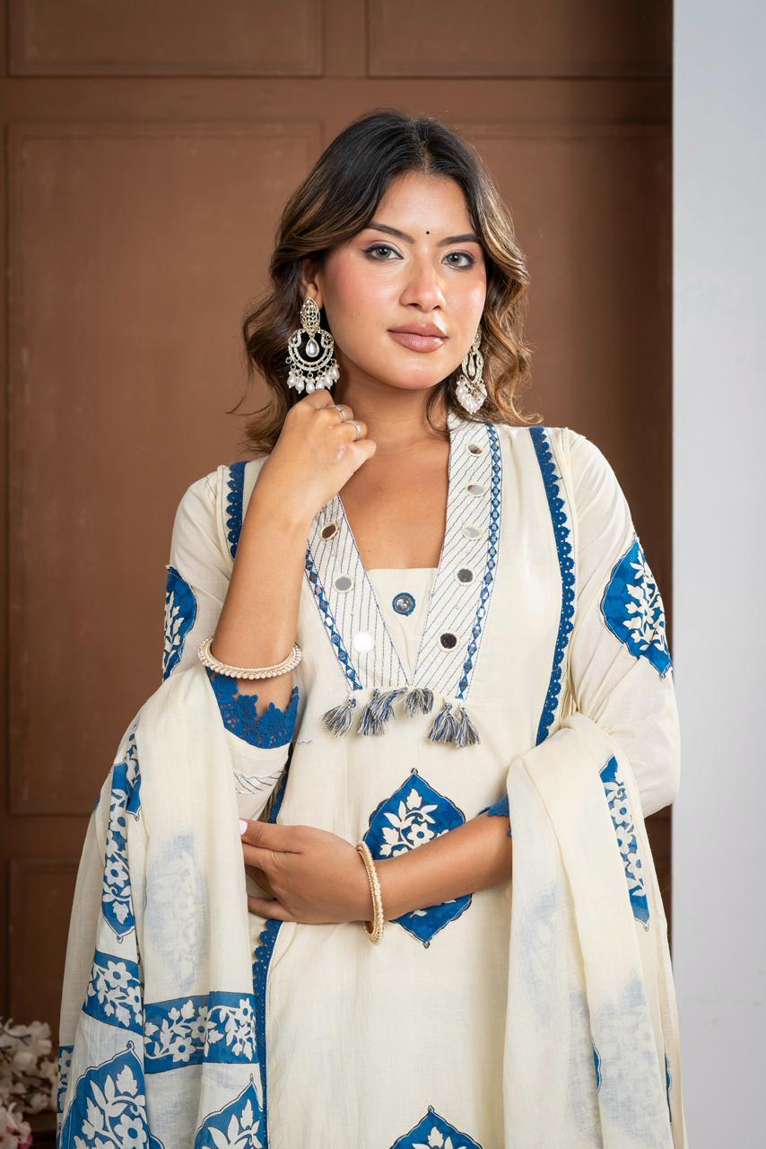 Premium Mal Cotton Floral Printed Suit Set with Embroidered Neckline & Lace Accents