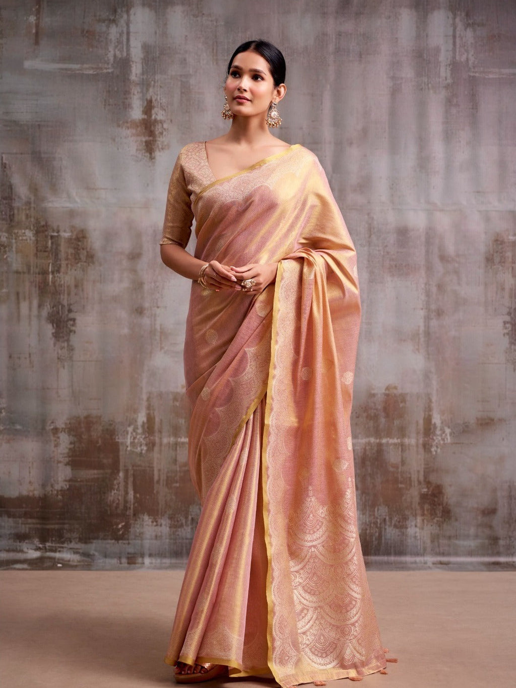 Luminous Grace: Designer Tissue Silk Saree with Matching Blouse Piece