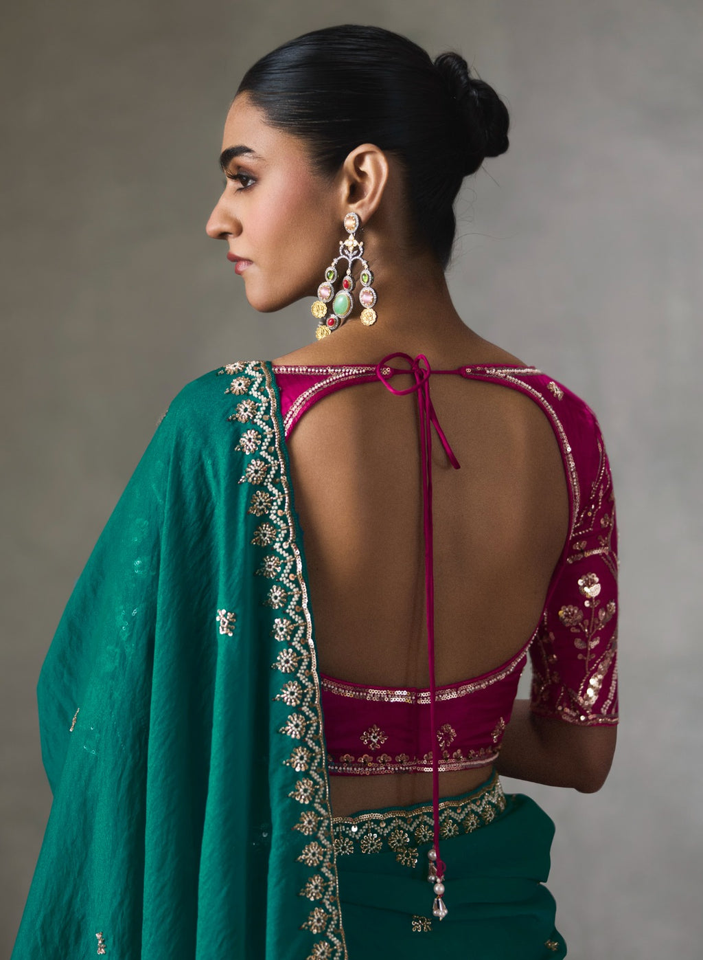 Embellished Sheer Silk Saree with Heavy Contrast Work Blouse