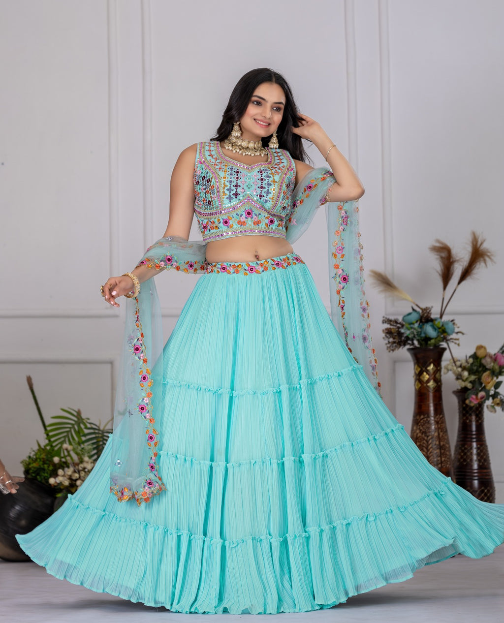 Georgette Pleated Lehenga Set with Embroidered Blouse | Festive Wear