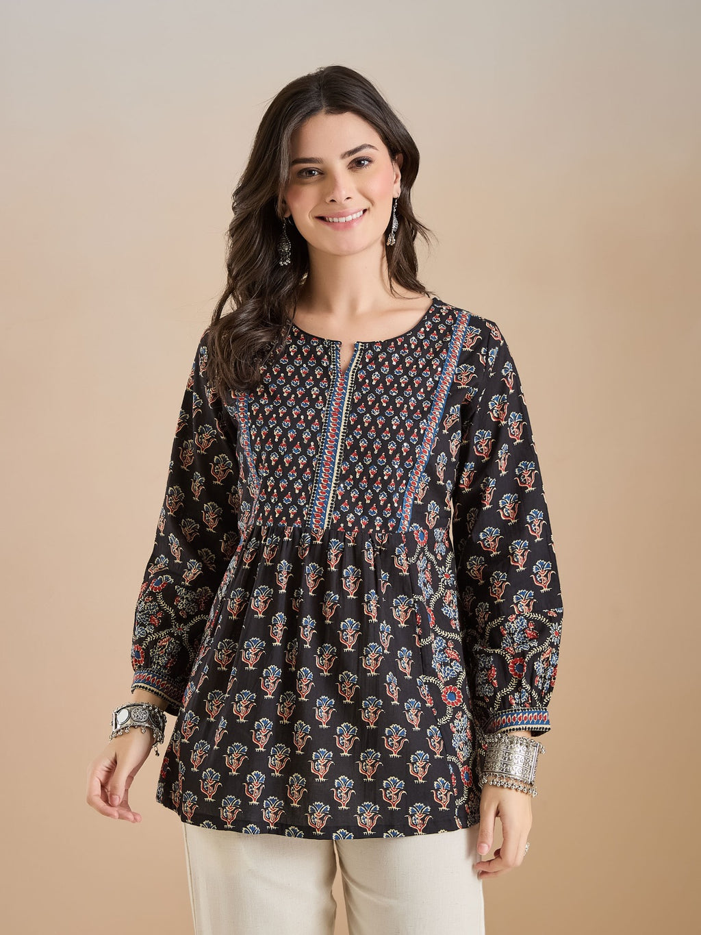 Floral Print Cotton Peplum Fit Black TopColor