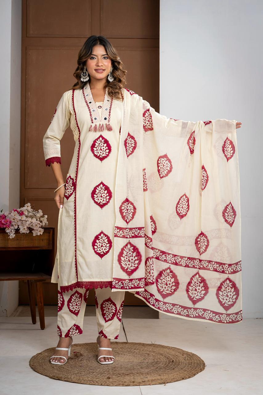Premium Mal Cotton Floral Printed Suit Set with Embroidered Neckline & Lace Accents