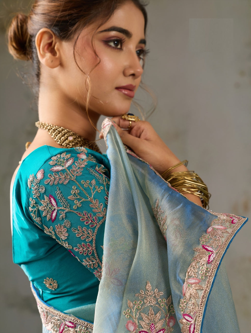 Metallic Tissue Saree with Pita Zari & Antique Sleeve-Embroidered Satin Blouse