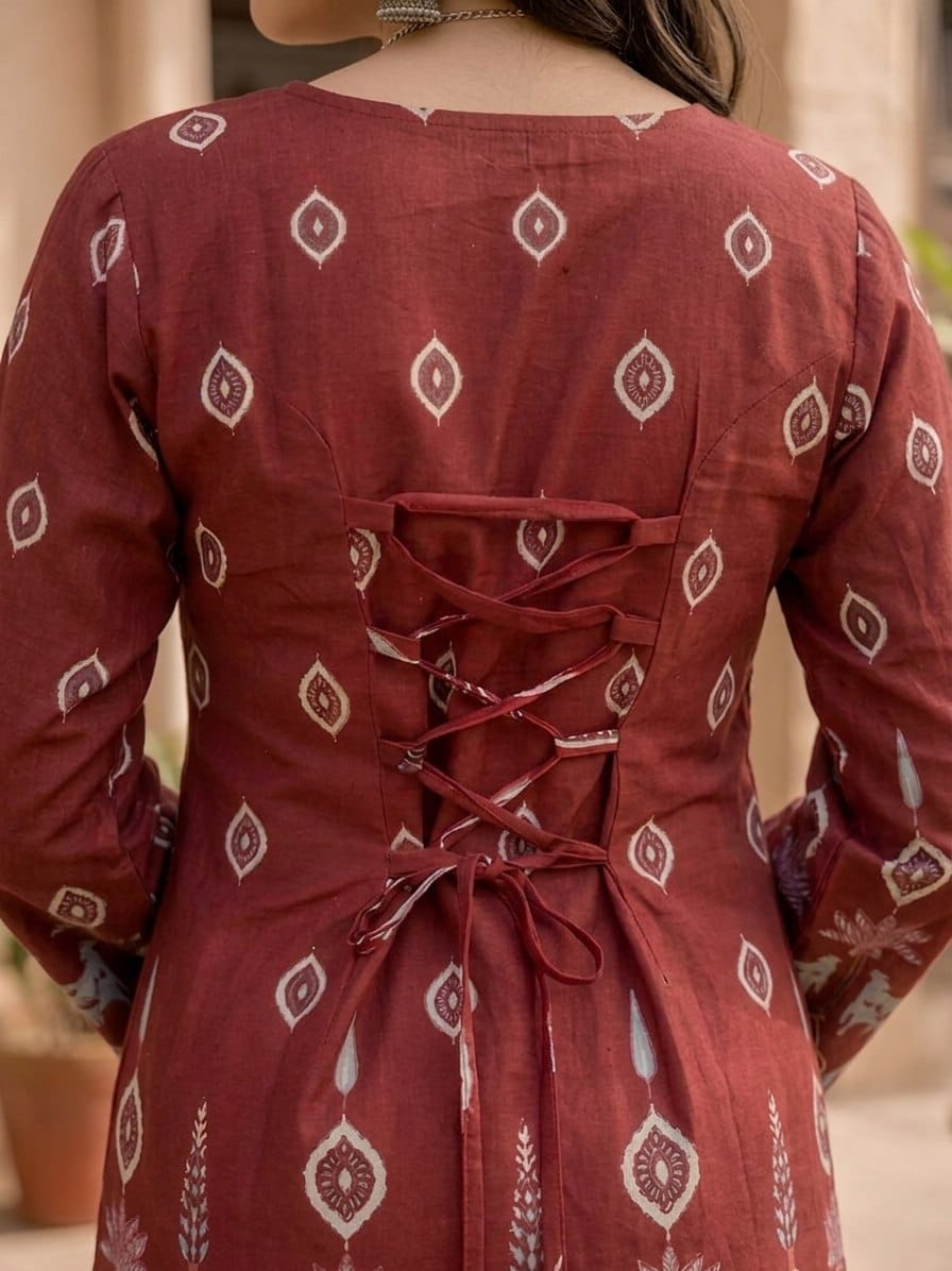 Effortless Elegance: Maroon Cotton Kalamkari Bell-Sleeve Tunic