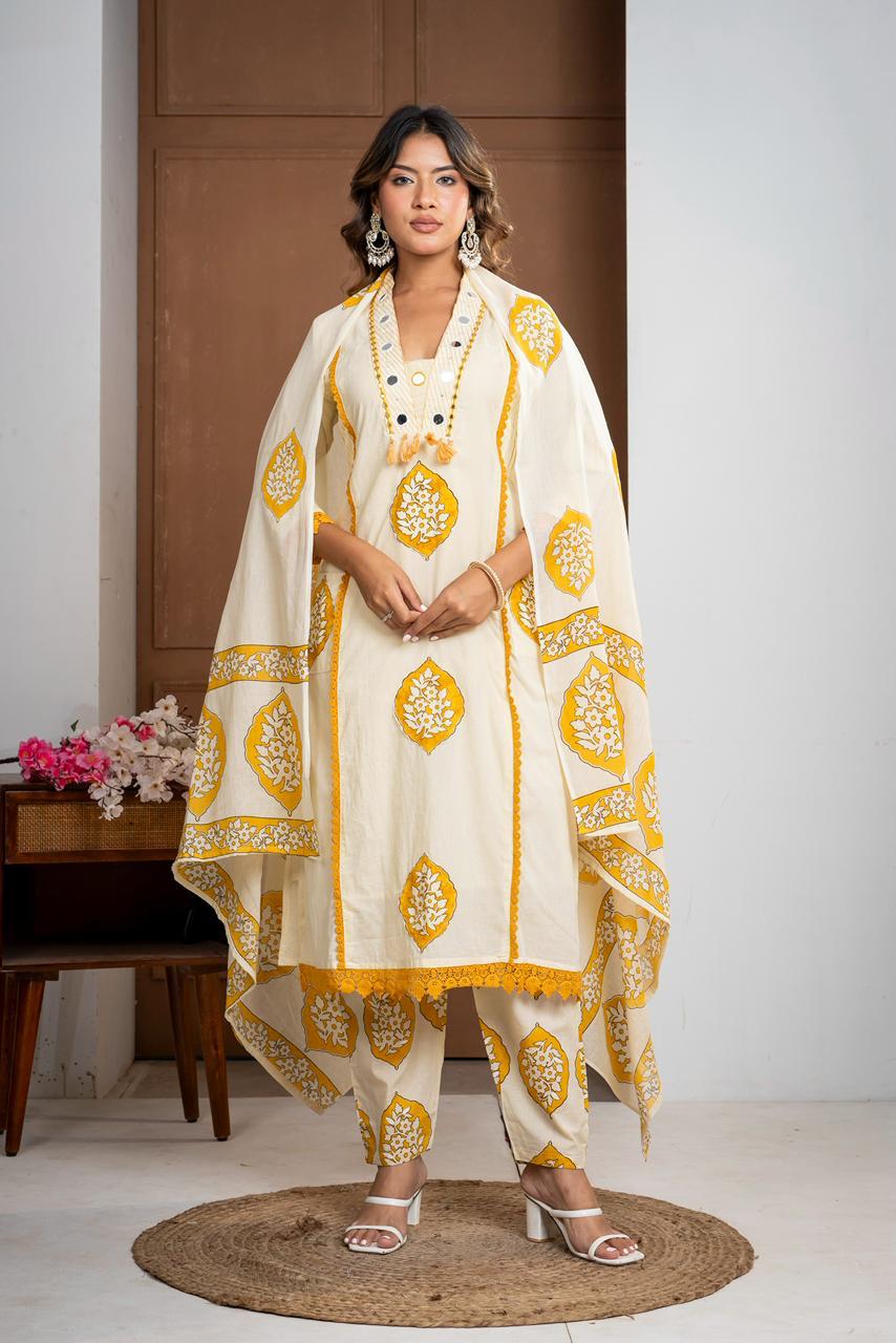 Premium Mal Cotton Floral Printed Suit Set with Embroidered Neckline & Lace Accents