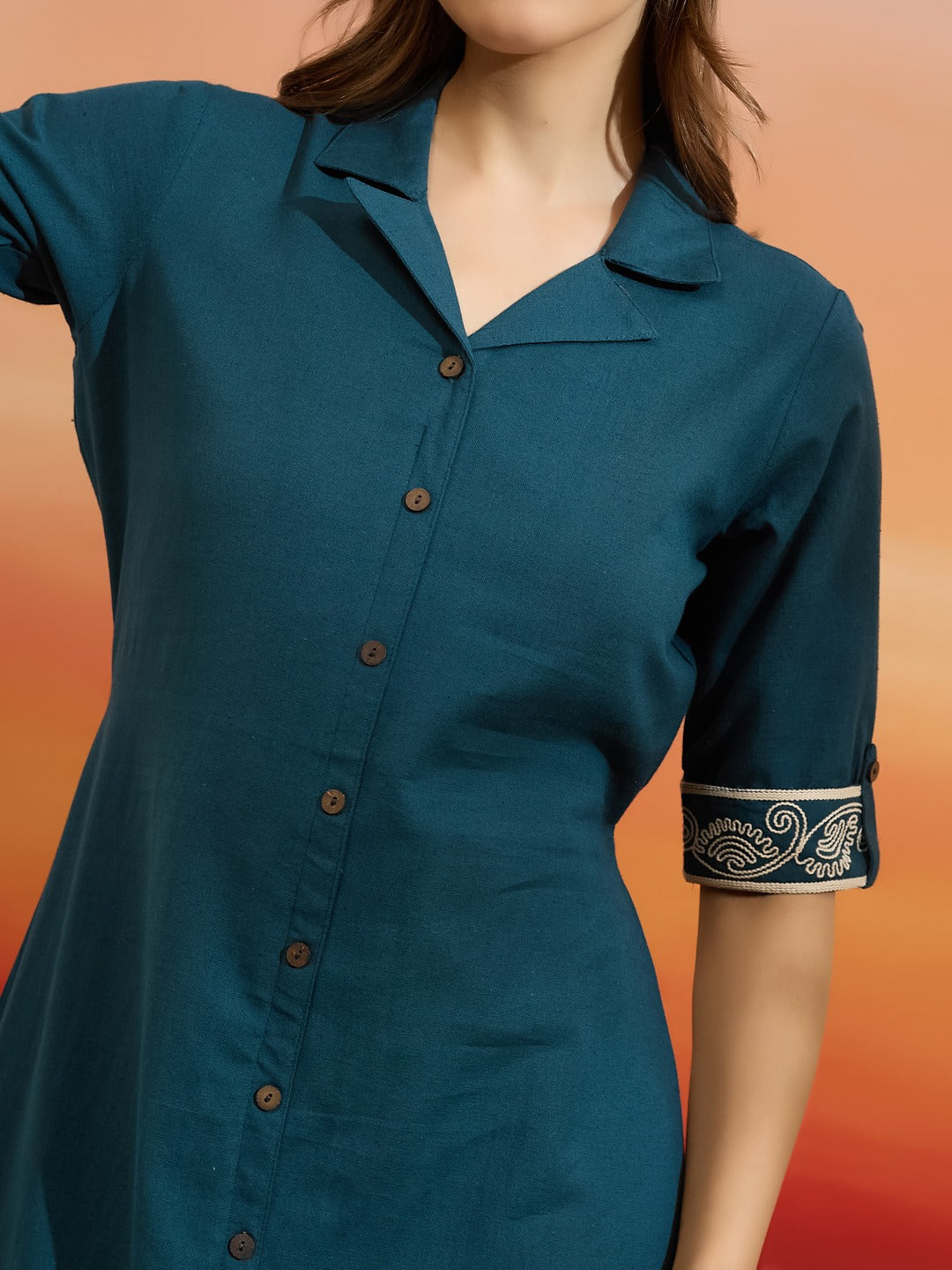 Teal Blue Embroidered Cotton Flex Dress with Collared Neck & Front Buttons