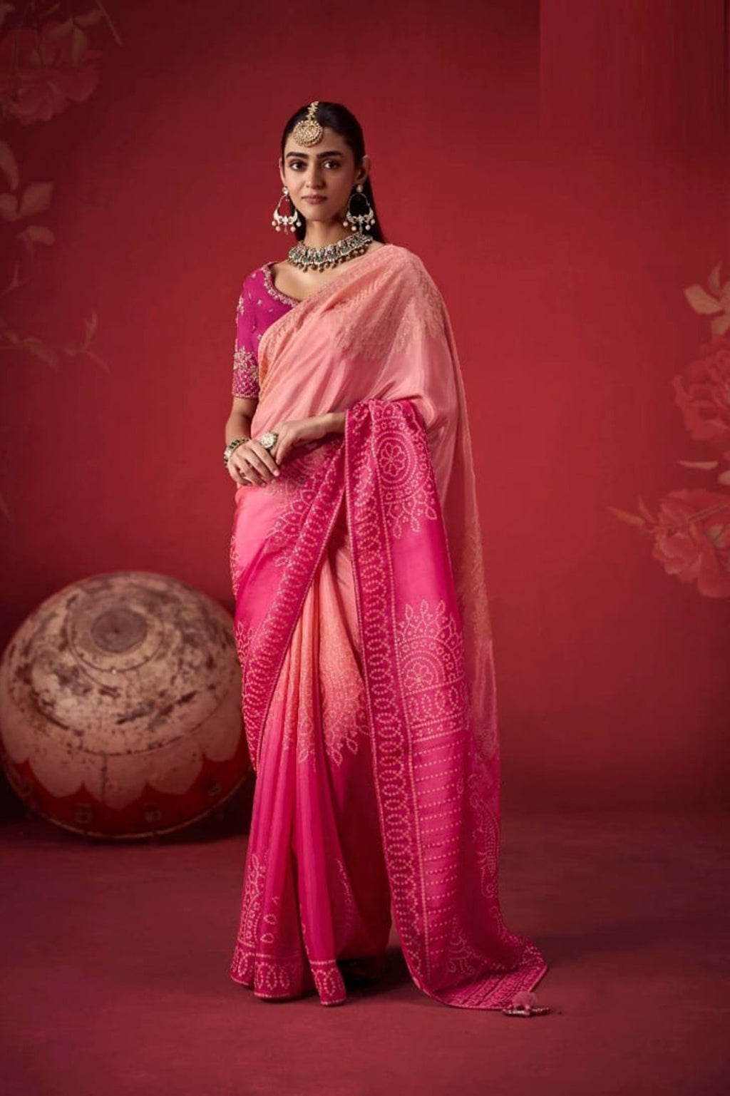 Ombré Dola Crape Silk Saree with Handcrafted Kundan Blouse
