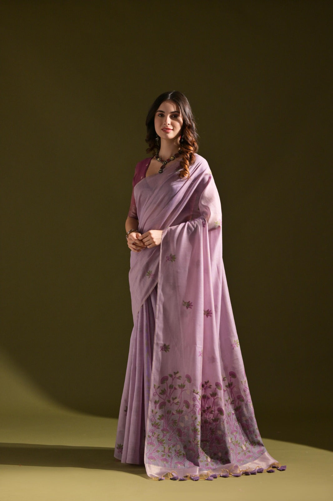 Designer Muga Cotton Saree – Intricate Resham Weave & Pichwai Inspired Motif