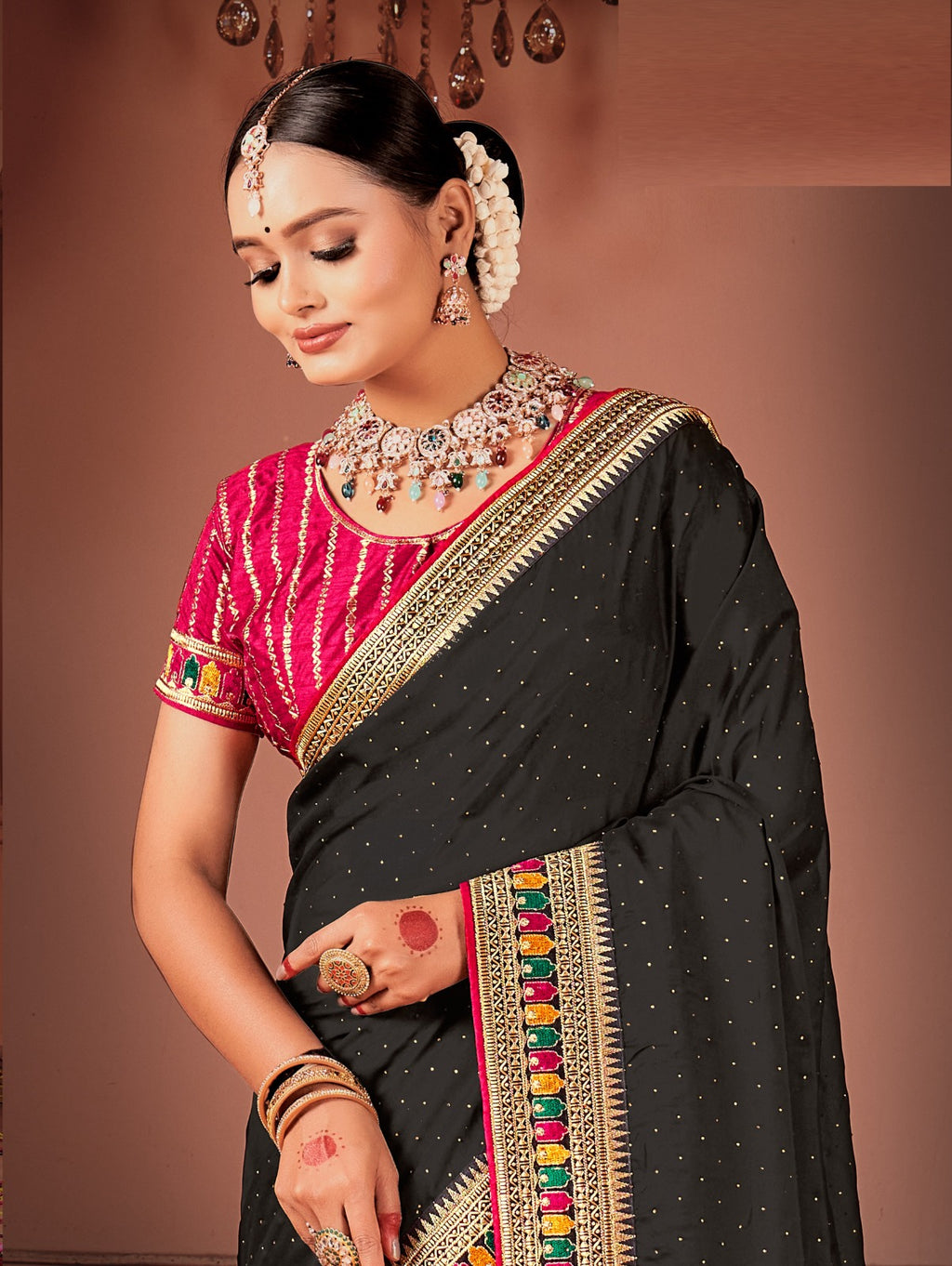 Rangoli Saree with Swarovski Crystal Border & Embroidered Banglory Silk Blouse