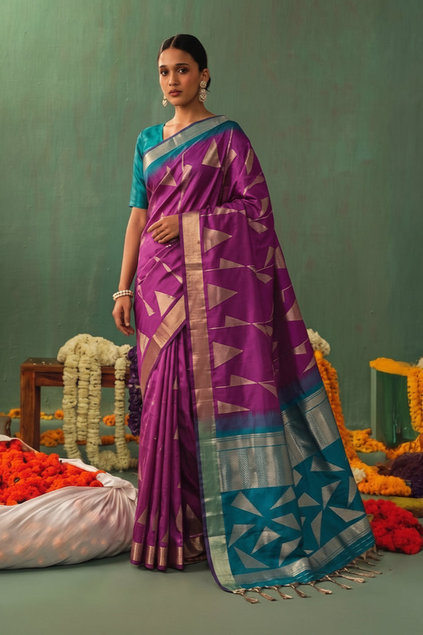 Opulent Radiance: Silk Blend Zari Saree with Contrast Border & Designer Pallu