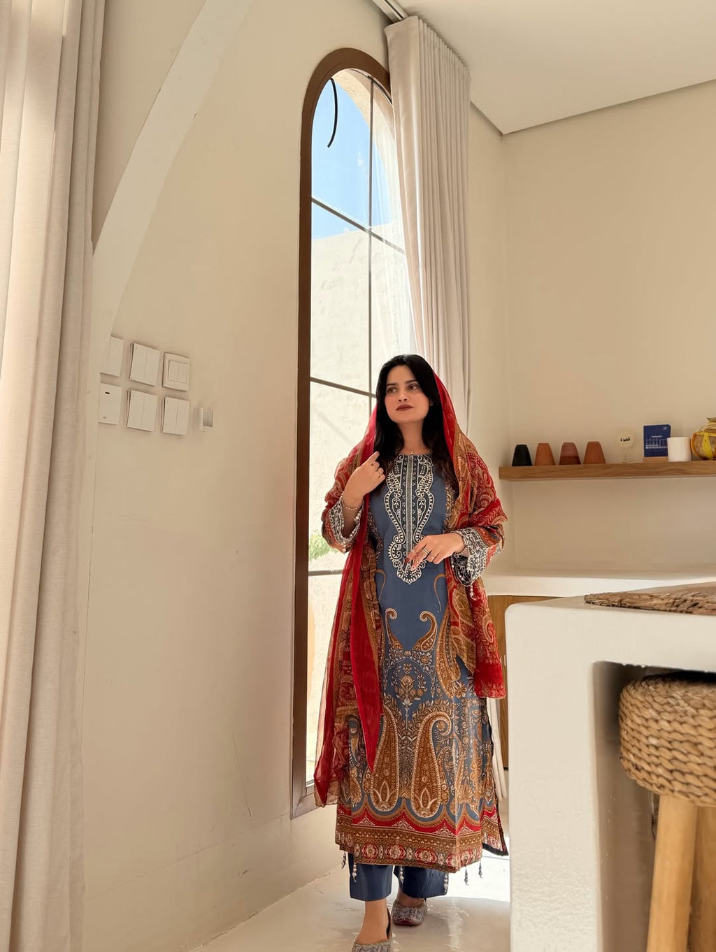 Everyday Glamour: Premium Heavy Cotton Printed Kurta Set with Shimmering Sequin Embroidery