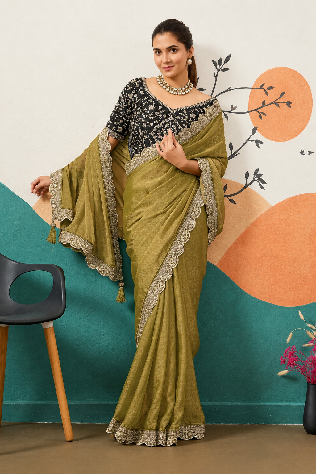 Designer Border Moss Saree & Sequined Silk Blouse
