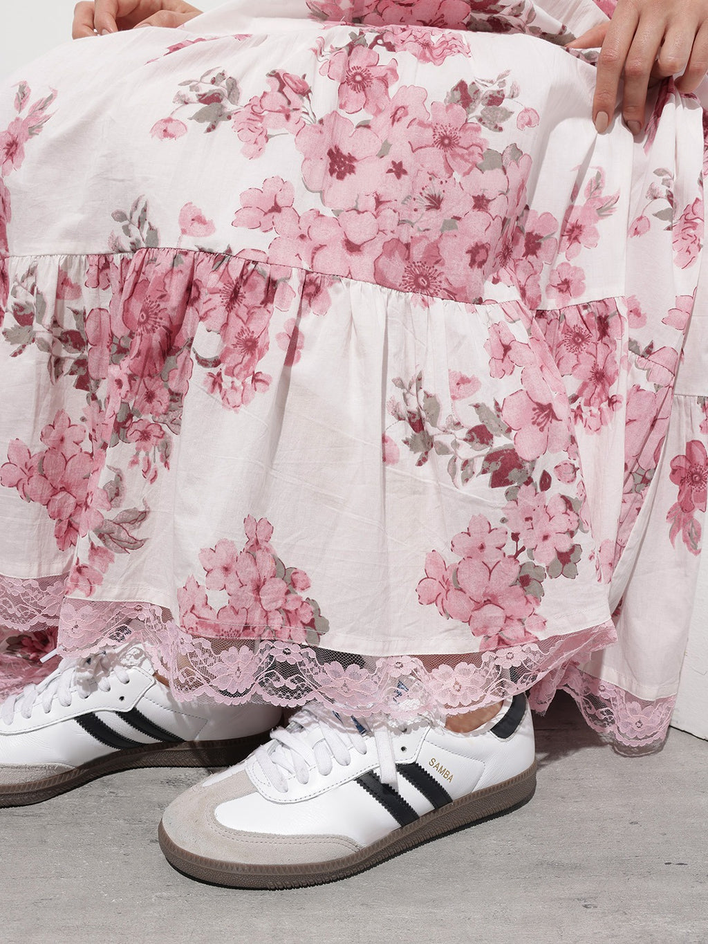 Pink & White Floral Cotton Fit & Flare Long Dress