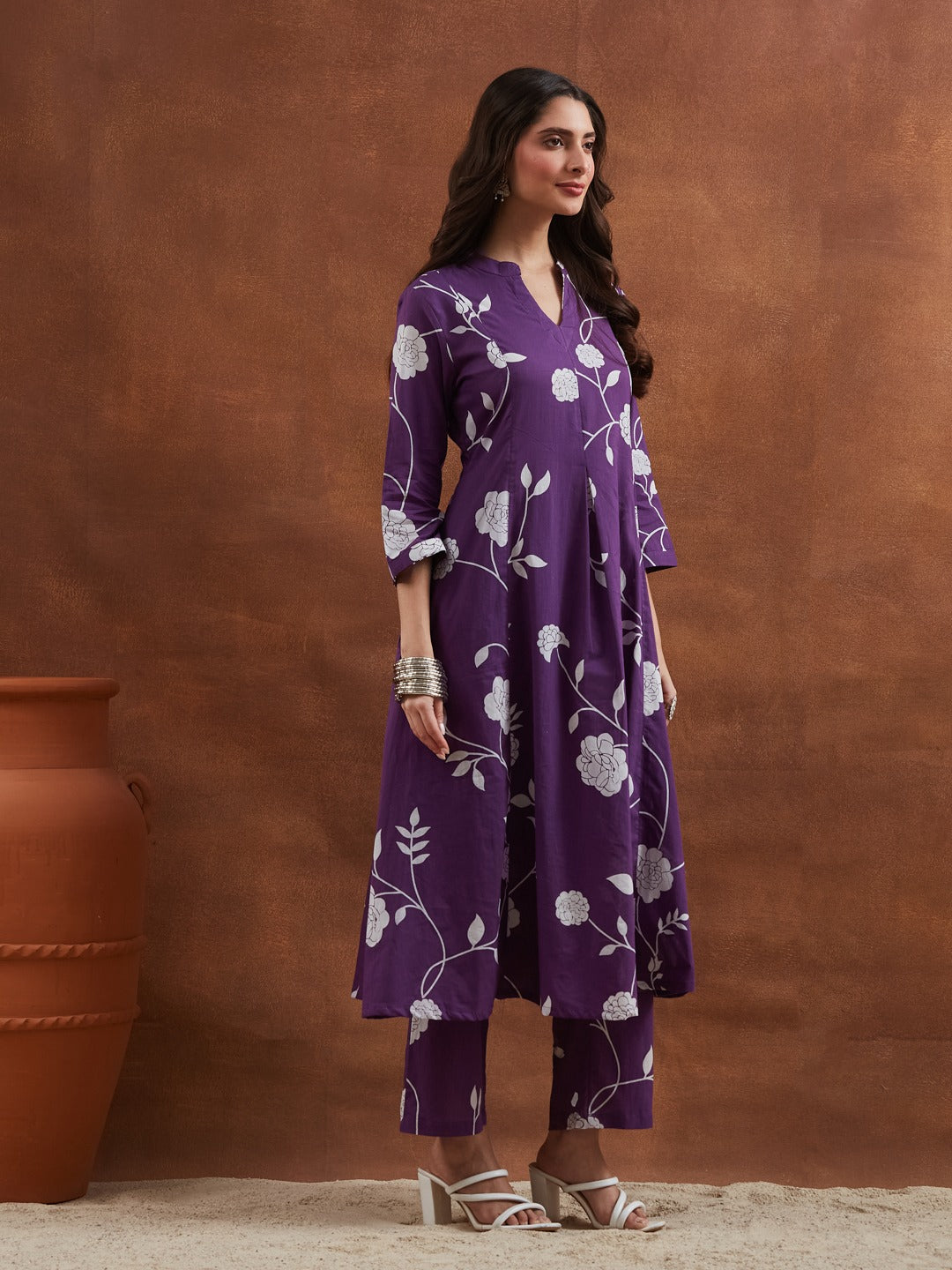 Purple Cotton Printed Anarkali Kurta Set with Mandarin Split V-Neck