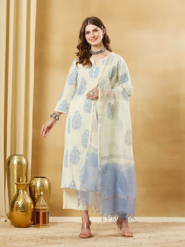 Blue Kurta Pant Set With Dupatta