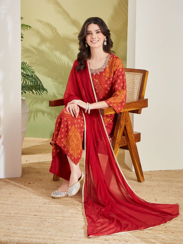 Embroidered Printed Straight Fit Muslin Kurta Pant with Dupatta Set