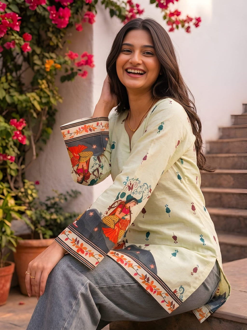 Classic Heritage: Cream Pure Cotton Kalamkari V-Neck Tunic