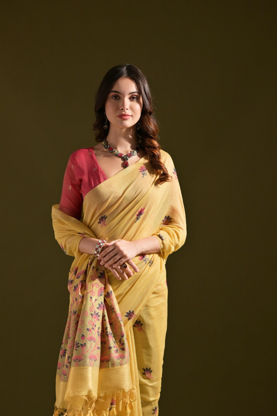 Designer Muga Cotton Saree – Intricate Resham Weave & Pichwai Inspired Motif