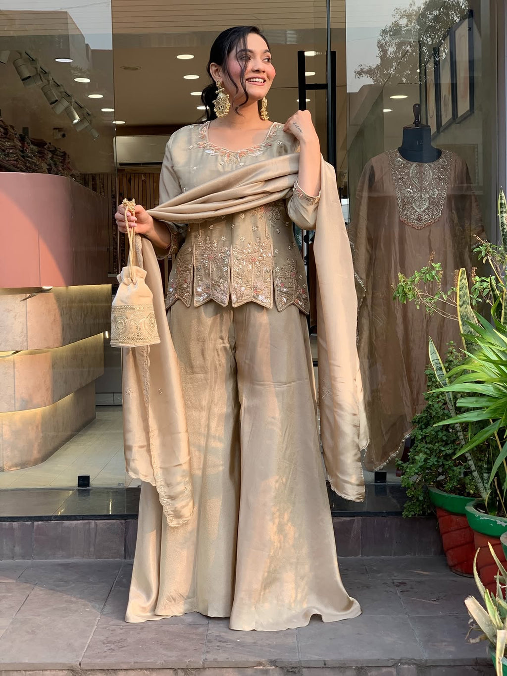 Champagne Gold Shimmer Silk Sharara Set | Hand-Embroidered Festive Suit