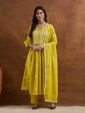 Mustard Yellow Flared Anarkali Set | Floral Thread Embroidery & Lace Detailing