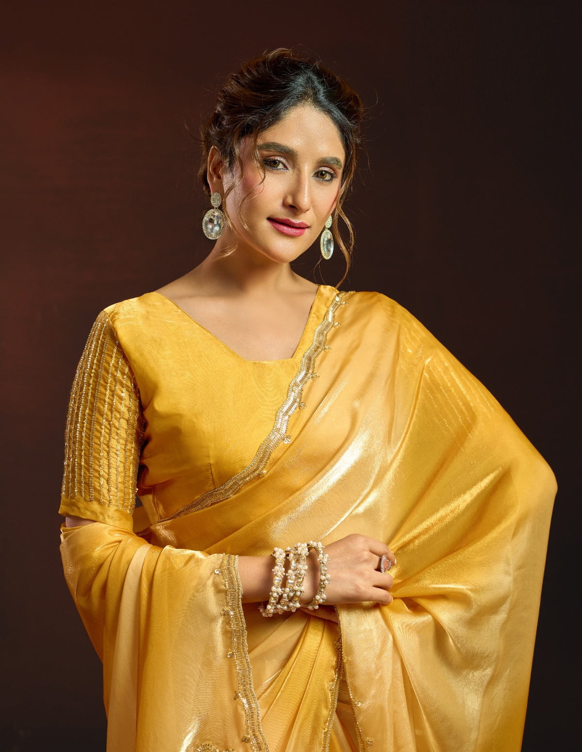 Dual-Tone Digital Shaded Fandy Satin Saree with Intricate Beadwork Border