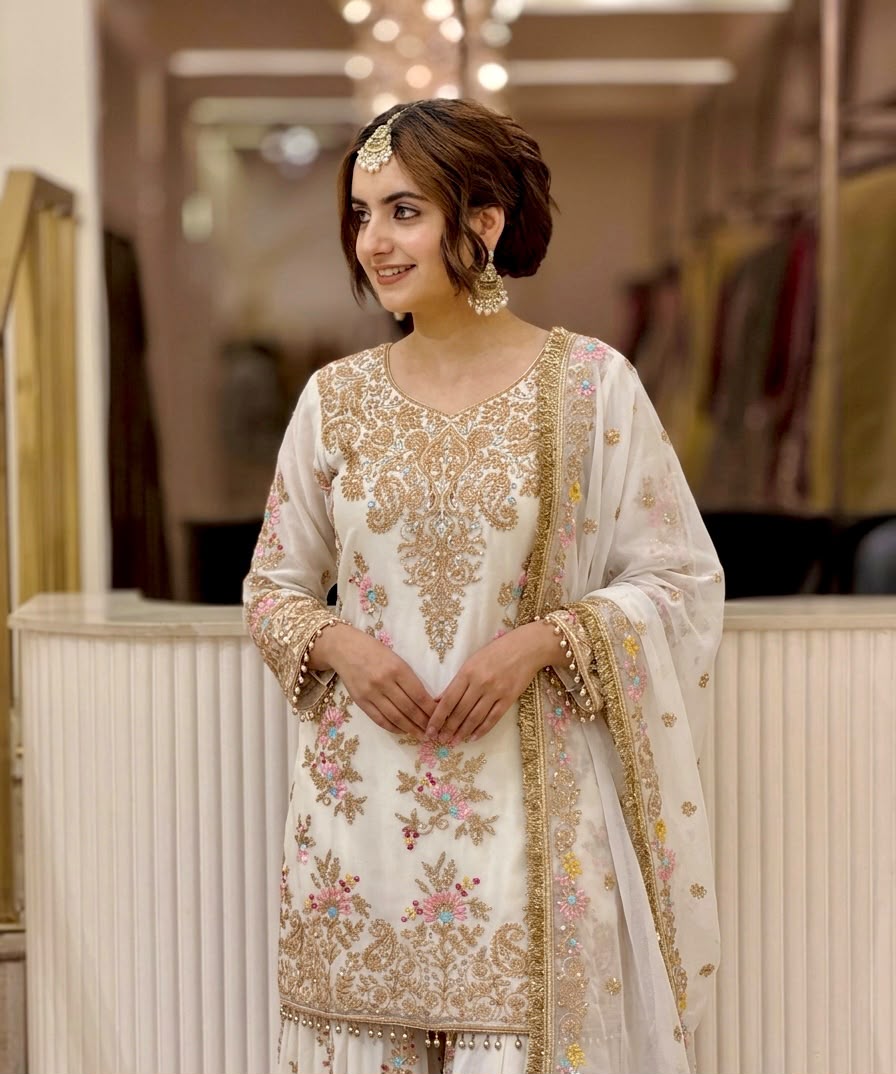 Regal Radiance: Designer Heavy Faux Georgette Top & Palazzo Set with 3mm Sequin Embroidery and Latkan Border