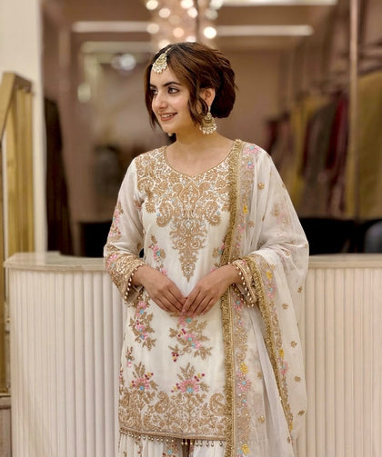 Regal Radiance: Designer Heavy Faux Georgette Top & Palazzo Set with 3mm Sequin Embroidery and Latkan Border