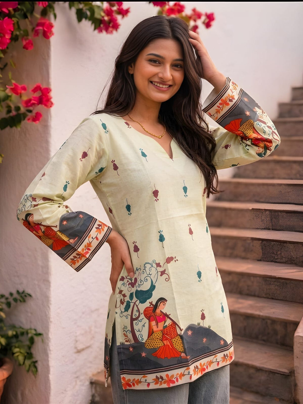 Classic Heritage: Cream Pure Cotton Kalamkari V-Neck Tunic