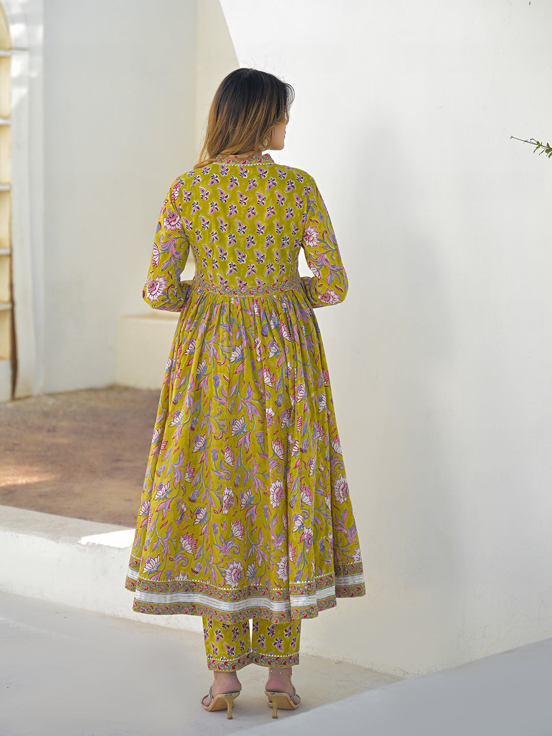 Mustard Hand Block Anarkali Kurta Pant Set With Dupatta