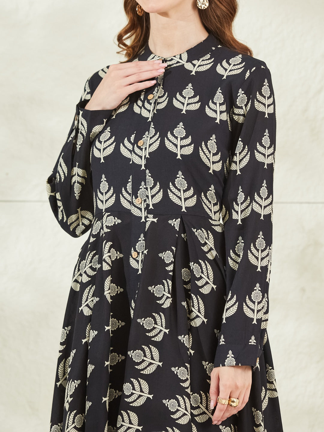 Black Long Sleeve Boat Neck Dress with Curved Hem