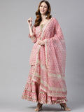 Pink Floral Hand Block Printed Kurta Sharara Set with Dupatta