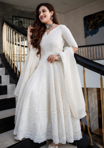 Cotton Long Kurti with Heavy Chikankari Sequence Work & Chanderi Dupatta