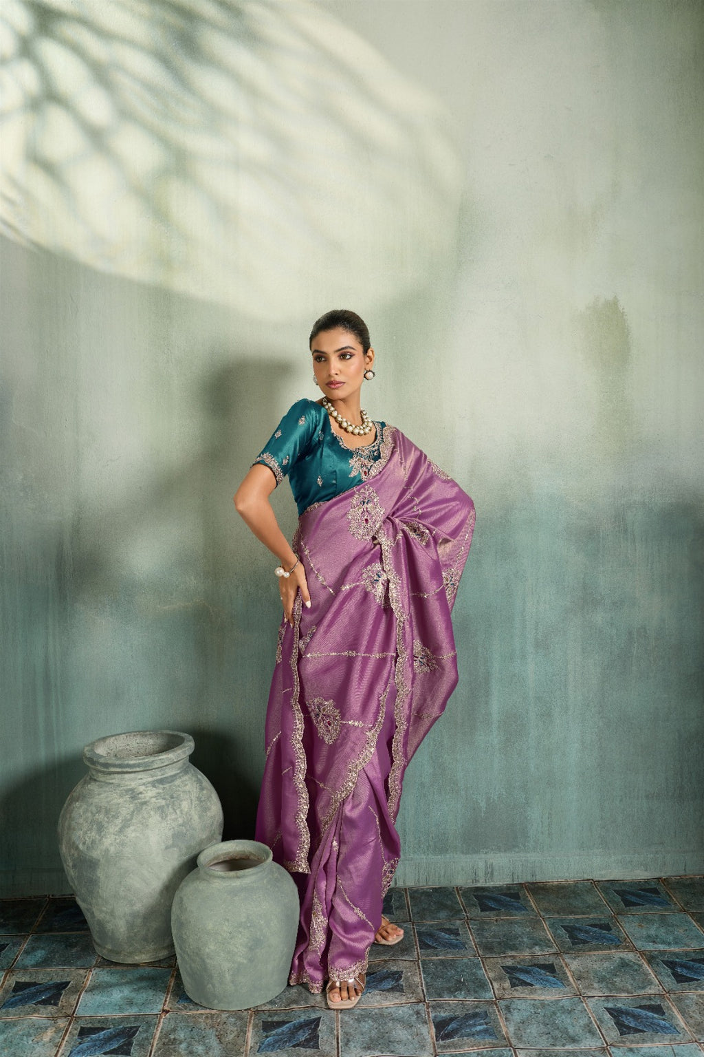 Premium Self-Stripe Giraffe Saree with Handcrafted Butta & Contrast Satin Blouse