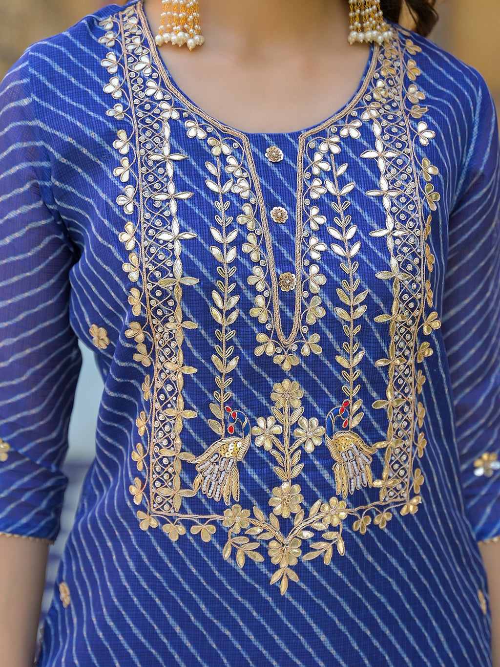 Women Leheriya Gota Patti & Zari Work Blue Kurta With Pants & Dupatta