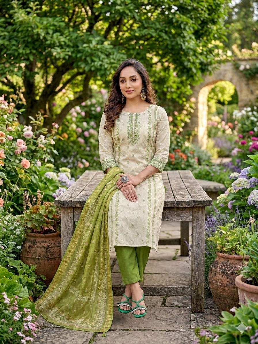 Jacquard Simmar Handwork Kurta with Dyeable Chanderi Pants & Printed Organza Dupatta