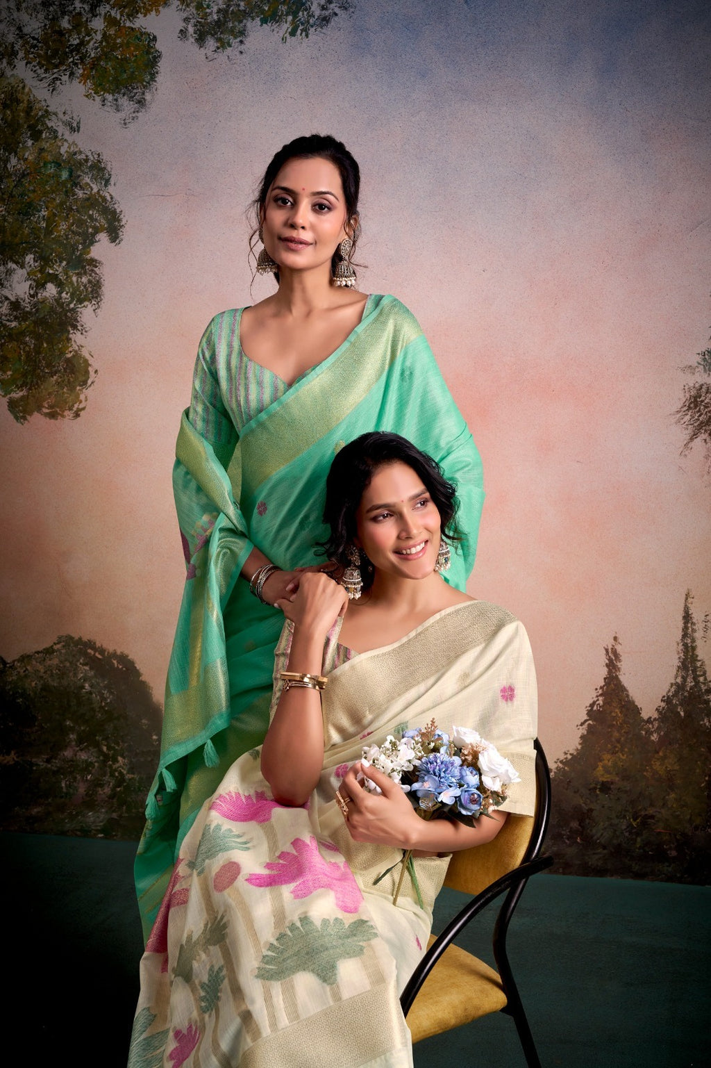 Ethereal Linen Silk Saree with Floral Motif Pallu & Printed Blouse Piece