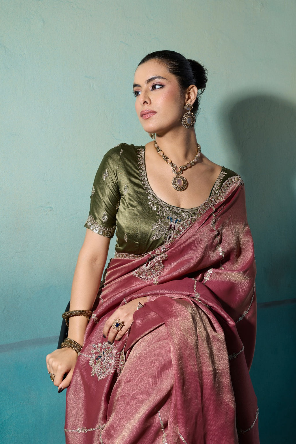 Premium Self-Stripe Giraffe Saree with Handcrafted Butta & Contrast Satin Blouse