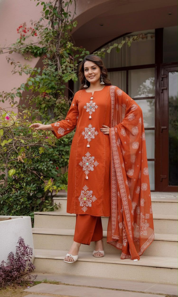 Elevate Your Ethnic Grace: Luxurious Taj Cotton Heavy Embroidered Kurta Set with Pocket Palazzo & Dupatta