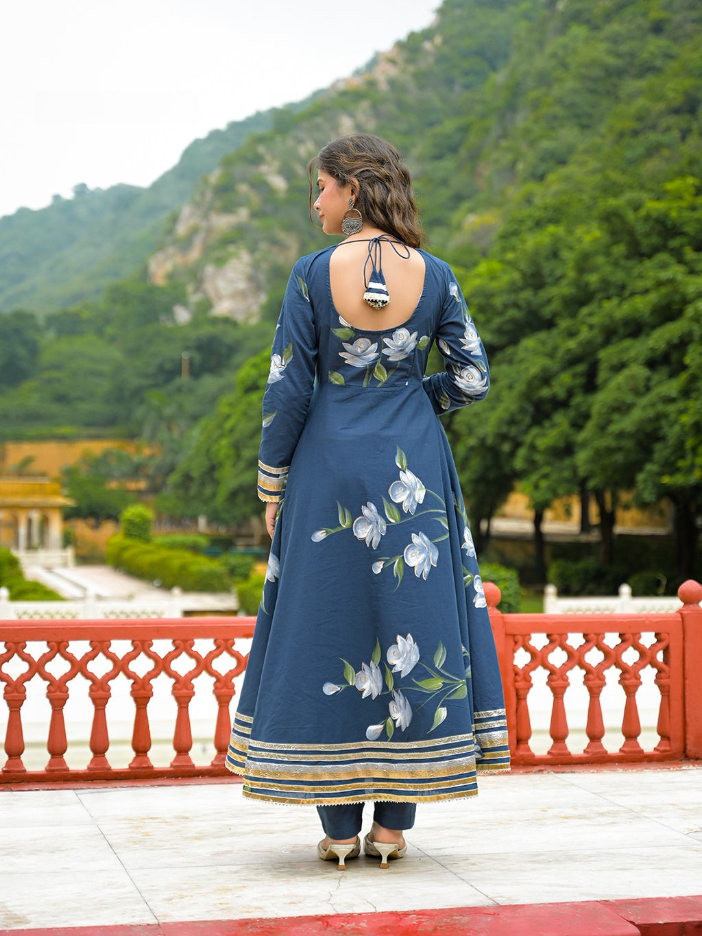 Blue Hand Painted Anarkali Kurta Pant With Dupatta