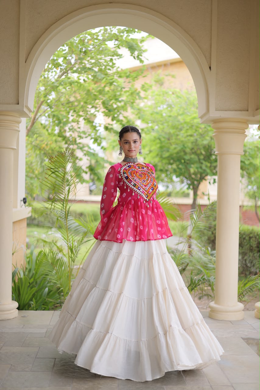 Kutchi Gamthi Patchwork Bandhani Top with Tiered Kora Cotton Lehenga