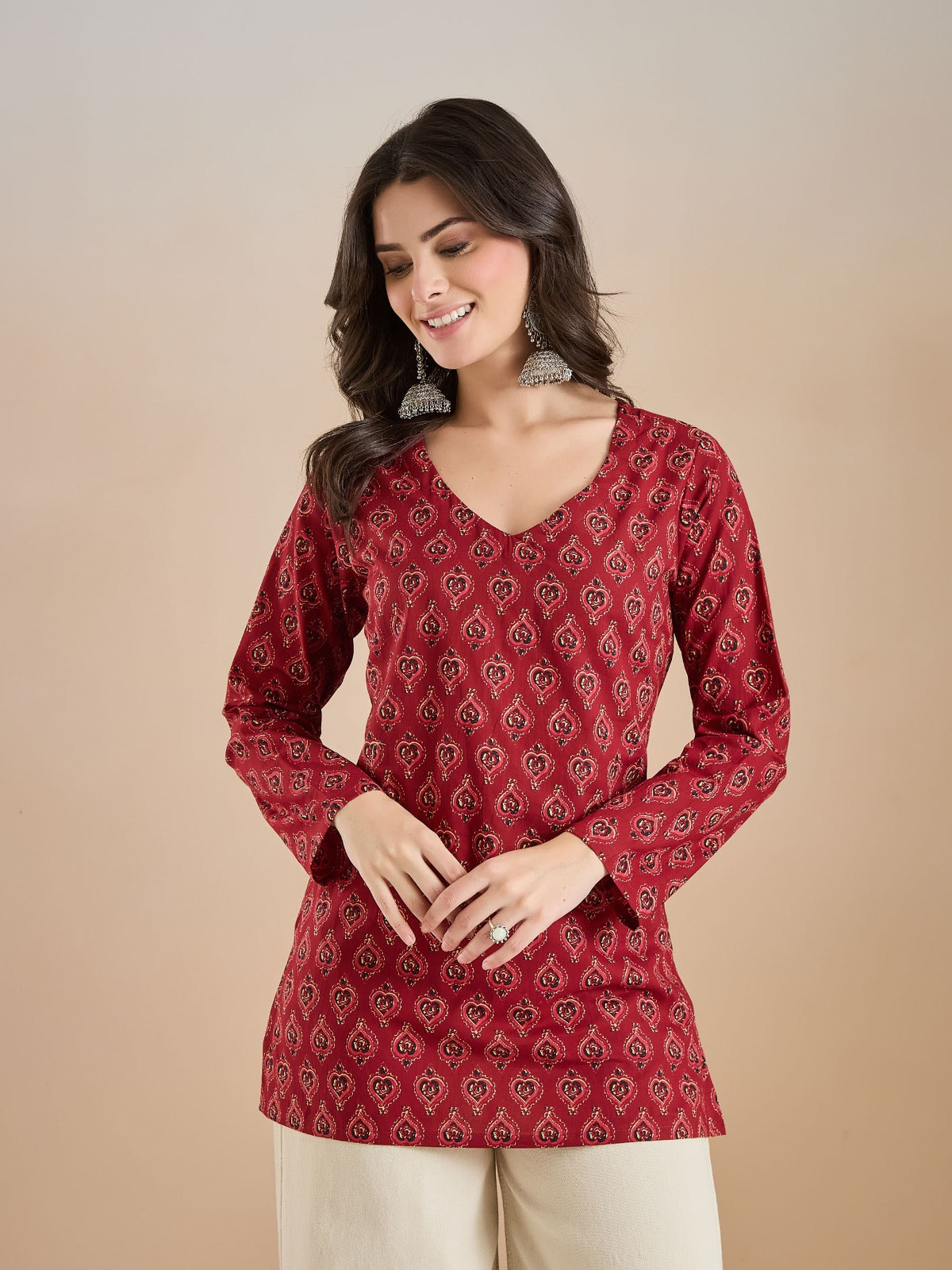 Maroon Printed Short Kurti