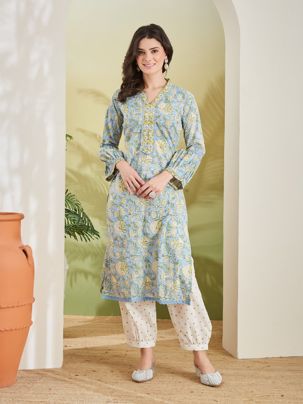 Sky Blue Handblock Printed Pure Cotton Kurta Set with Patiala Salwar & Kota Doria Dupatta