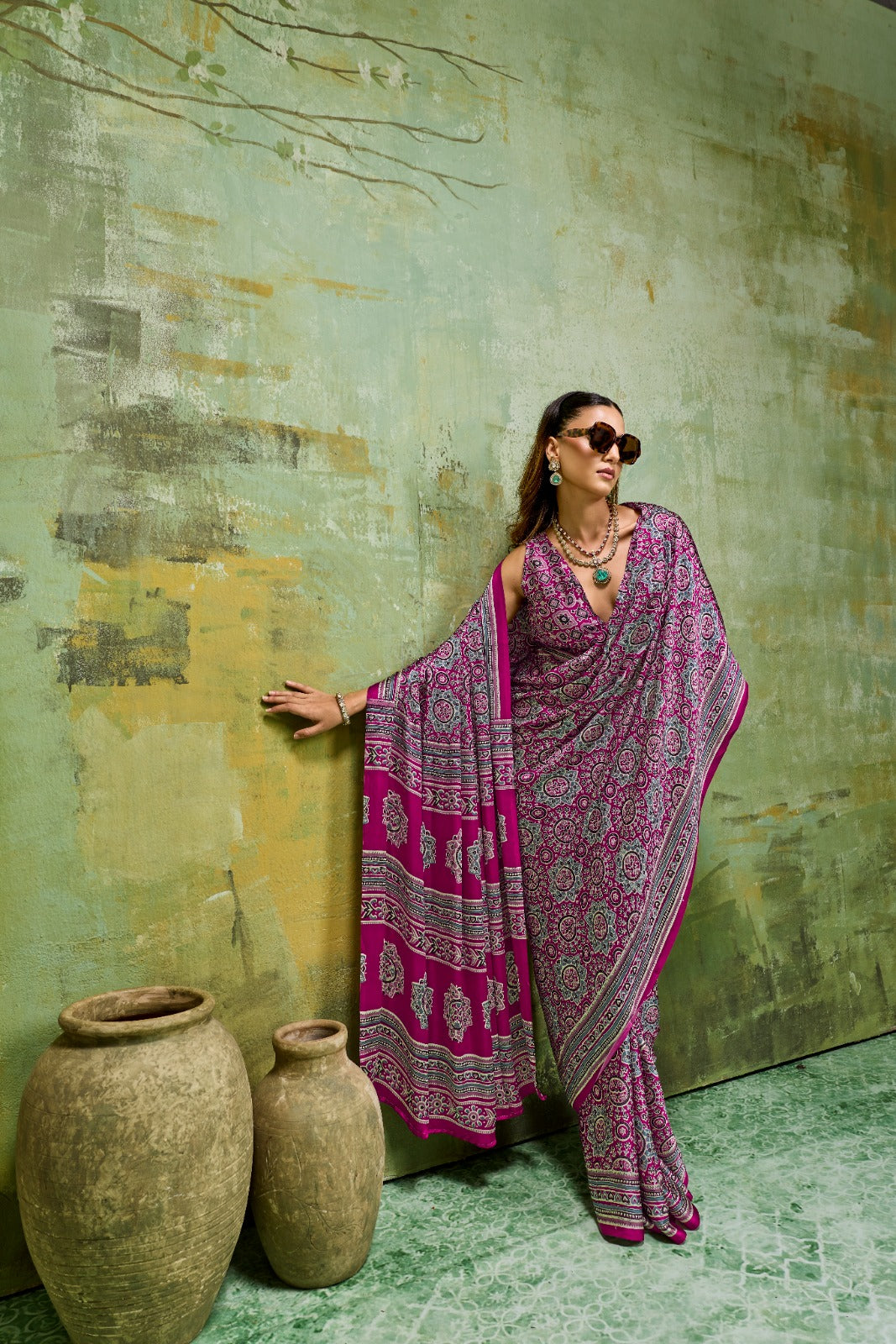Premium Modal Satin Ajrakh Printed Saree with Matching Blouse