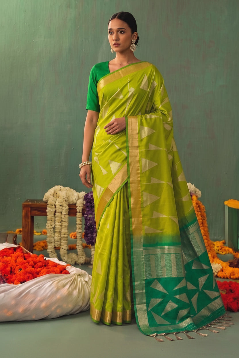 Opulent Radiance: Silk Blend Zari Saree with Contrast Border & Designer Pallu