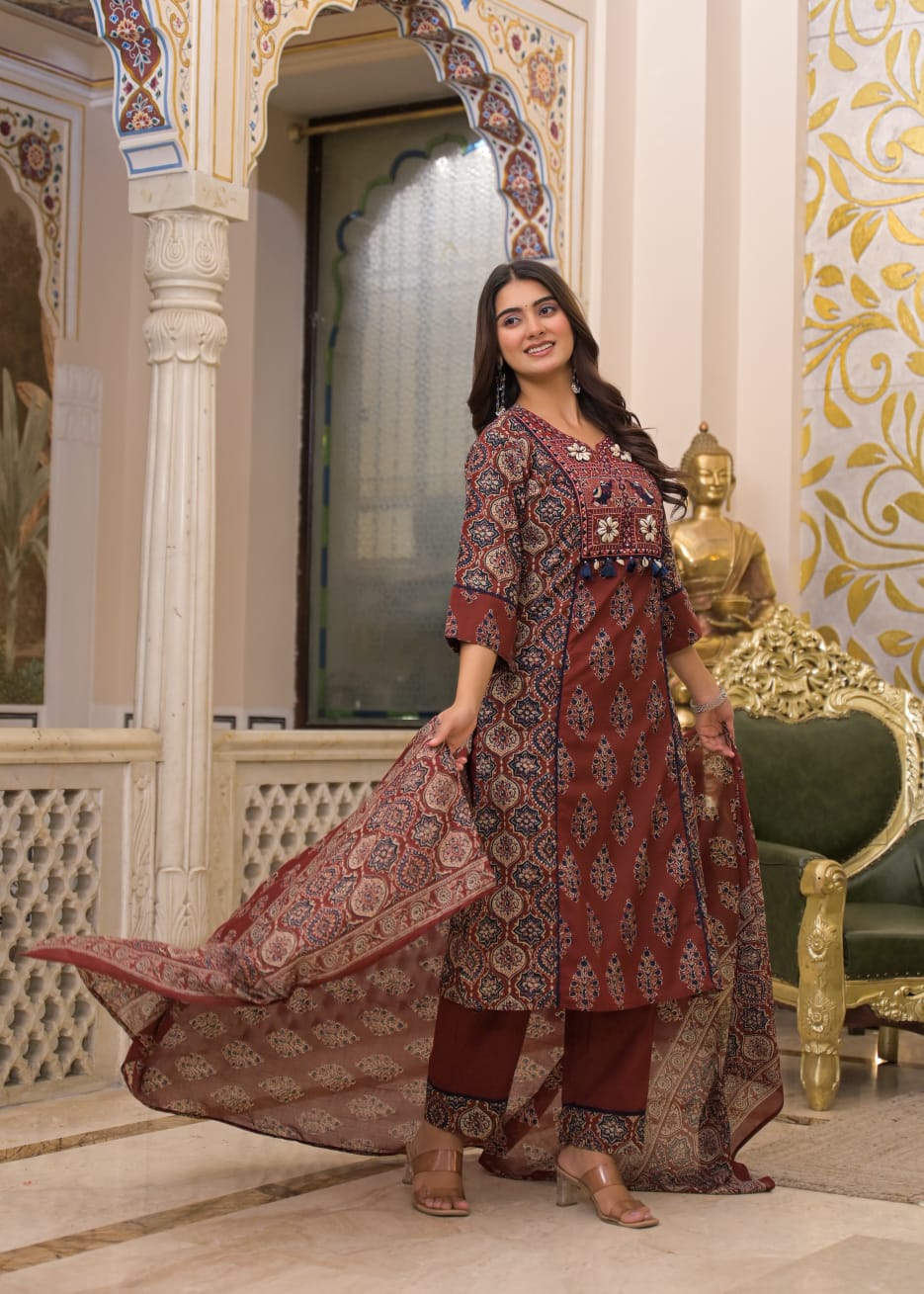 Premium Hand-Embroidered Cotton 3-Piece Suit Set with Mal Mal Dupatta